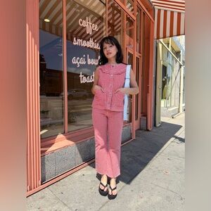 NWT Damson Madder Kenny Kick-Flare Crop Jeans in Red Gingham US 2 / UK 6